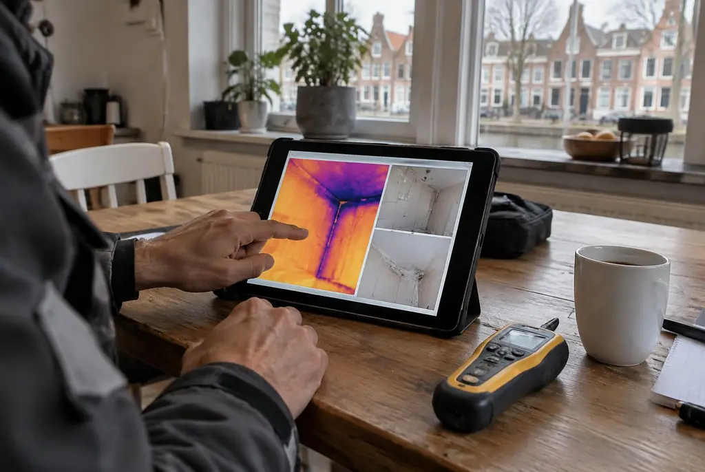 Lekdetectie Hoofddorp – lekdetectierapport met warmtebeelden en foto's op een tablet