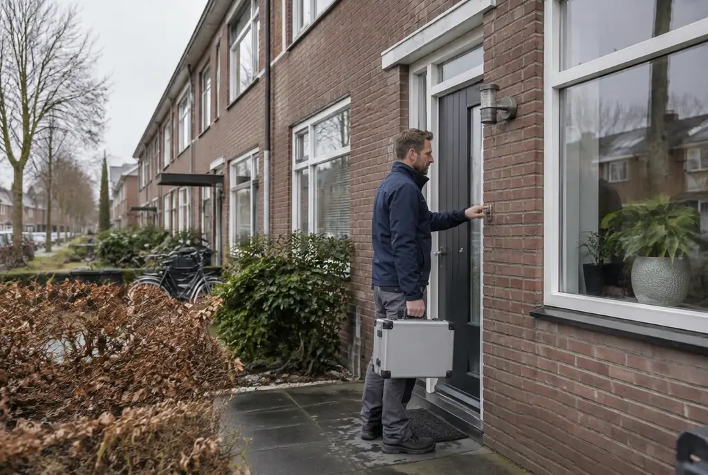 Lekdetectiespecialist met meetkoffer bij de voordeur van een woning in Hoofddorp